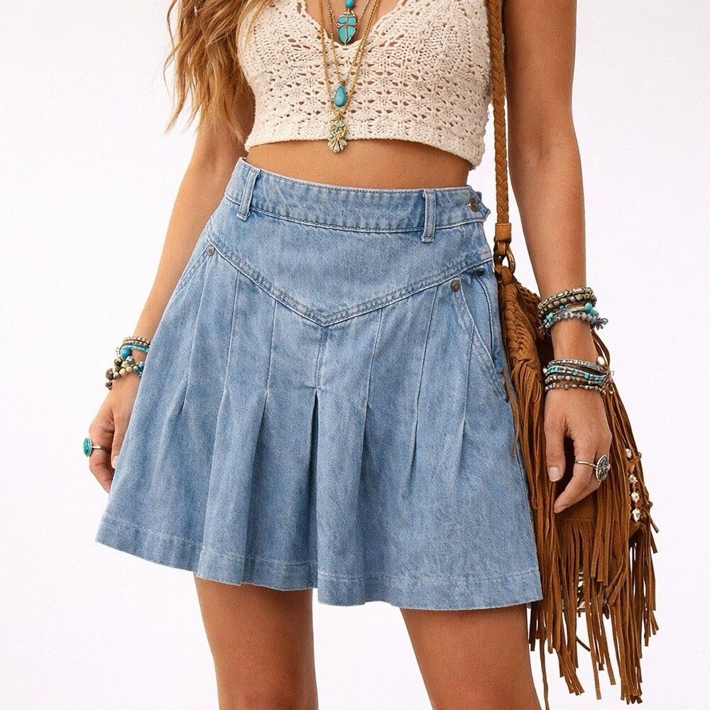 Free People Light Blue Denim Pleated Mini Skirt